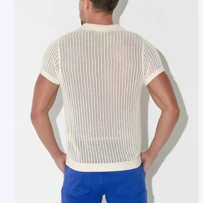 ENXO – Men’s Mesh Knit Polo Shirt | Hollow Out, See-Through V-Lapel – Summer Streetwear Style