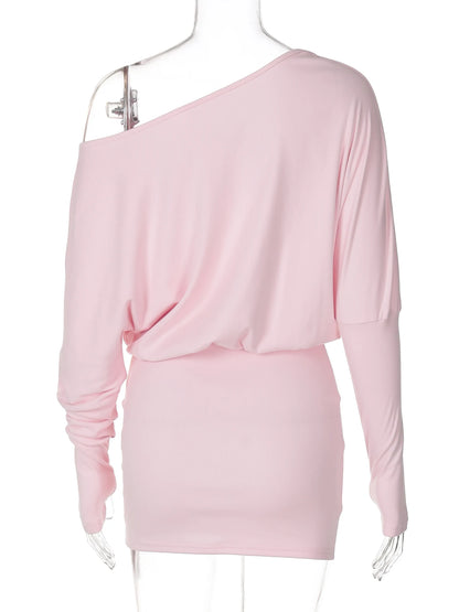 Dulzura Sexy Long Sleeve Mini Dress Oblique Shoulder Solid Simple Dresses