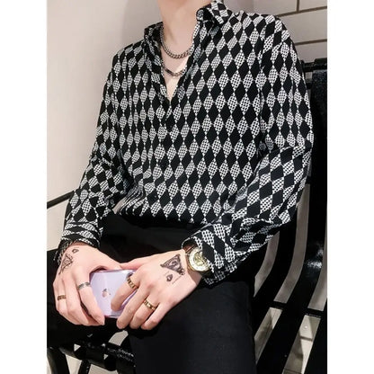 ENXO – Men’s Vintage Checkered Cotton Shirt | Diamond Pattern, Turn-Down Collar, Spring/Autumn Fashion