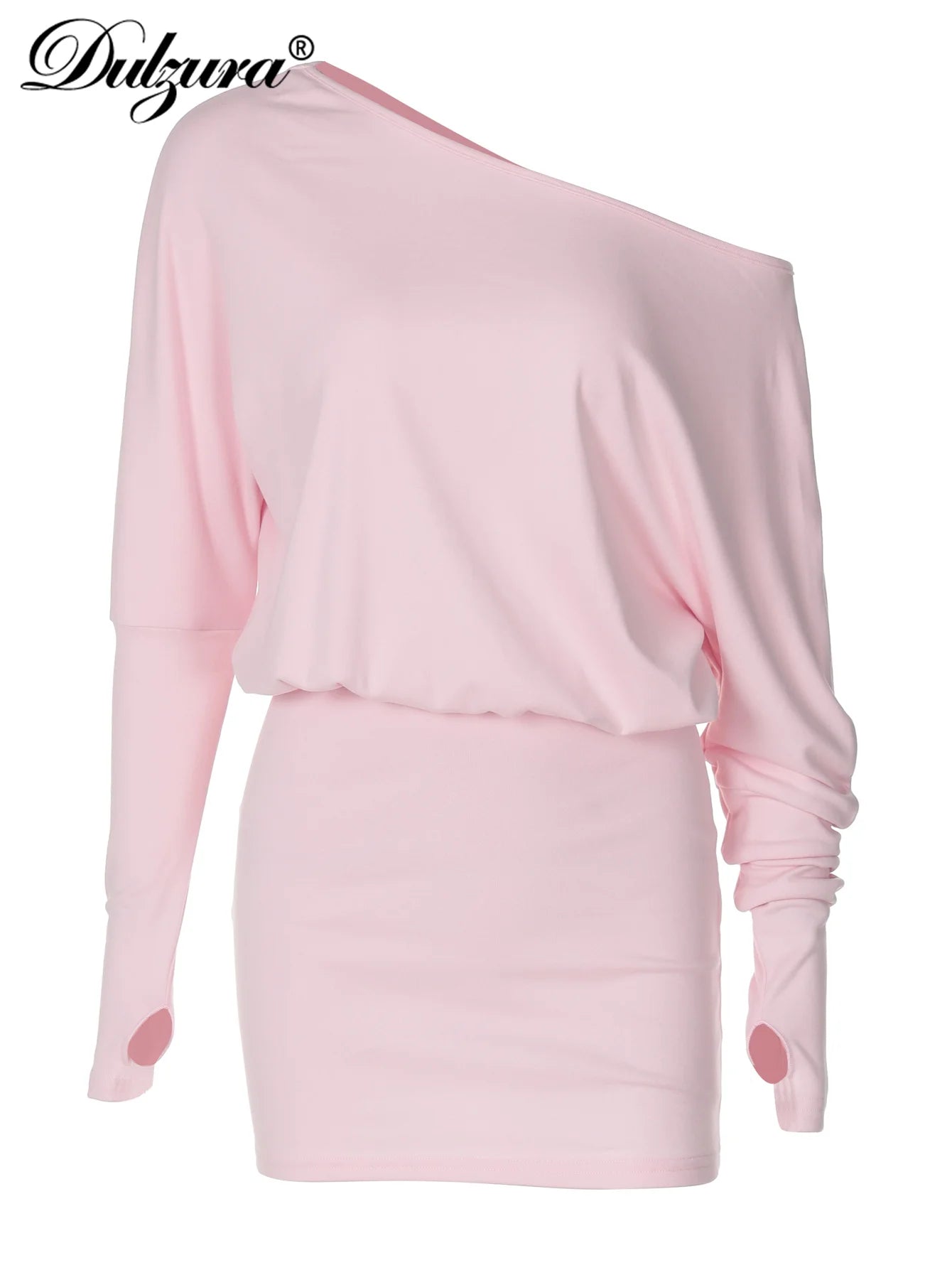 Dulzura Sexy Long Sleeve Mini Dress Oblique Shoulder Solid Simple Dresses