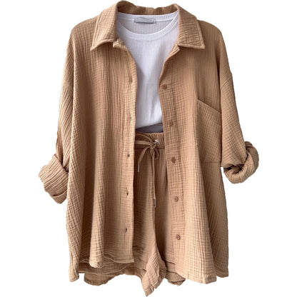 ENXO – Women’s 2-Piece Muslin Short Set | Solid Color, Button-Up Lapel – Summer 2024 Outfit