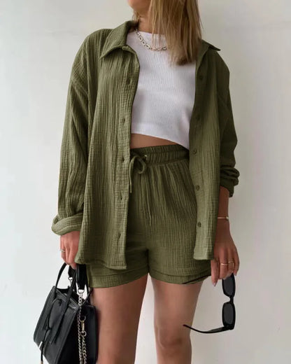 ENXO – Women’s 2-Piece Muslin Short Set | Solid Color, Button-Up Lapel – Summer 2024 Outfit