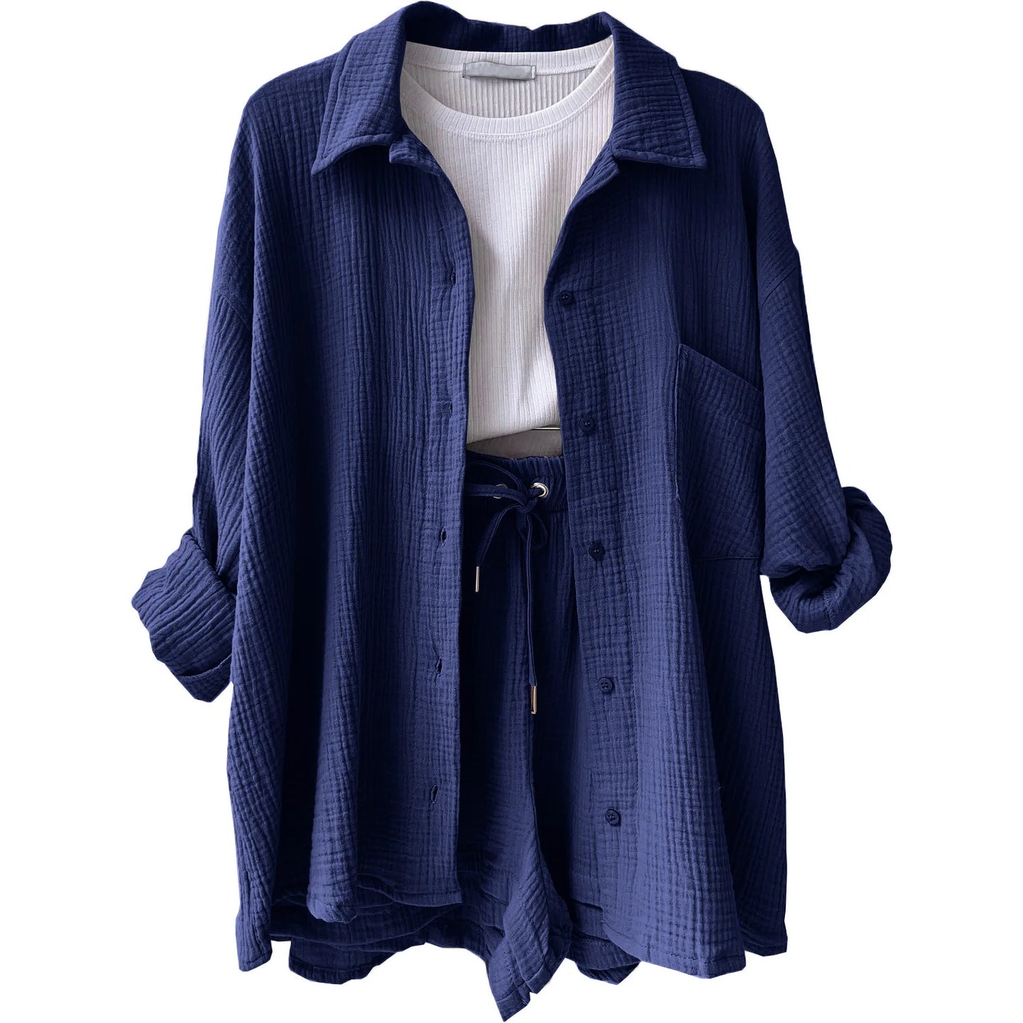 ENXO – Women’s 2-Piece Muslin Short Set | Solid Color, Button-Up Lapel – Summer 2024 Outfit