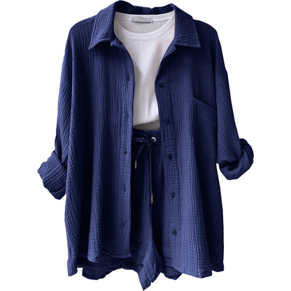 ENXO – Women’s 2-Piece Muslin Short Set | Solid Color, Button-Up Lapel – Summer 2024 Outfit