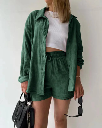 ENXO – Women’s 2-Piece Muslin Short Set | Solid Color, Button-Up Lapel – Summer 2024 Outfit