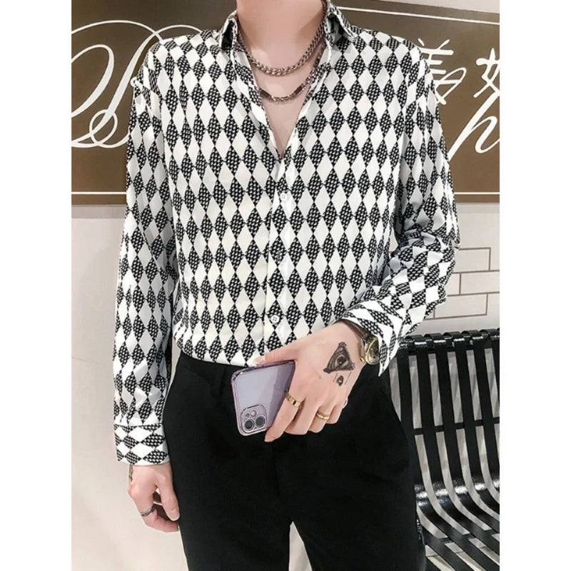 ENXO – Men’s Vintage Checkered Cotton Shirt | Diamond Pattern, Turn-Down Collar, Spring/Autumn Fashion