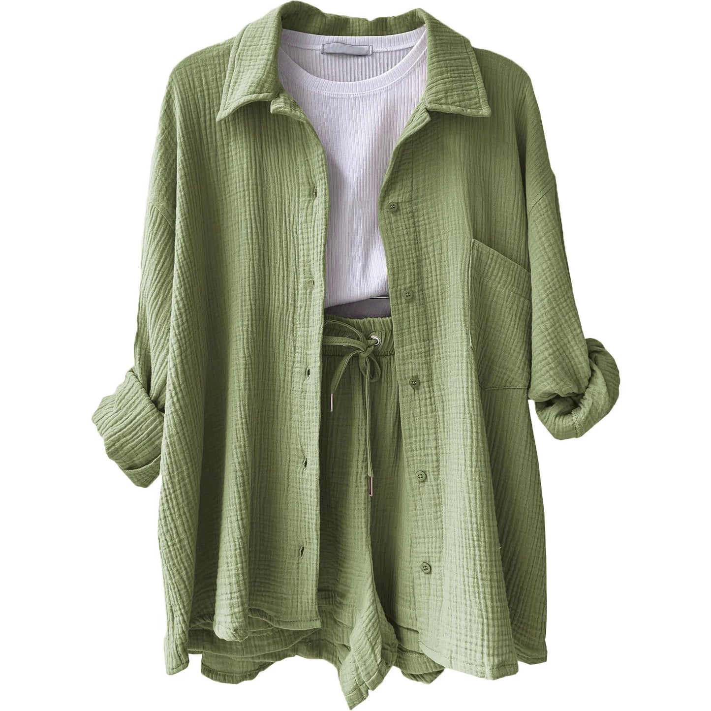 ENXO – Women’s 2-Piece Muslin Short Set | Solid Color, Button-Up Lapel – Summer 2024 Outfit