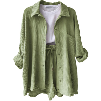 ENXO – Women’s 2-Piece Muslin Short Set | Solid Color, Button-Up Lapel – Summer 2024 Outfit