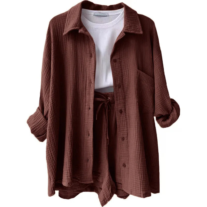 ENXO – Women’s 2-Piece Muslin Short Set | Solid Color, Button-Up Lapel – Summer 2024 Outfit
