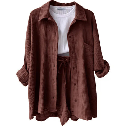 ENXO – Women’s 2-Piece Muslin Short Set | Solid Color, Button-Up Lapel – Summer 2024 Outfit