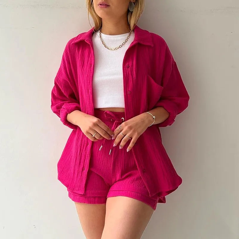 ENXO – Women’s 2-Piece Muslin Short Set | Solid Color, Button-Up Lapel – Summer 2024 Outfit