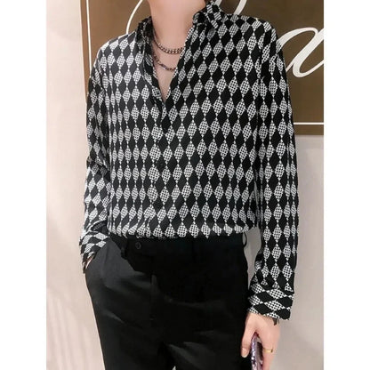 ENXO – Men’s Vintage Checkered Cotton Shirt | Diamond Pattern, Turn-Down Collar, Spring/Autumn Fashion