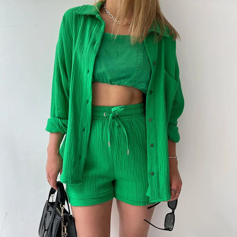ENXO – Women’s 2-Piece Muslin Short Set | Solid Color, Button-Up Lapel – Summer 2024 Outfit