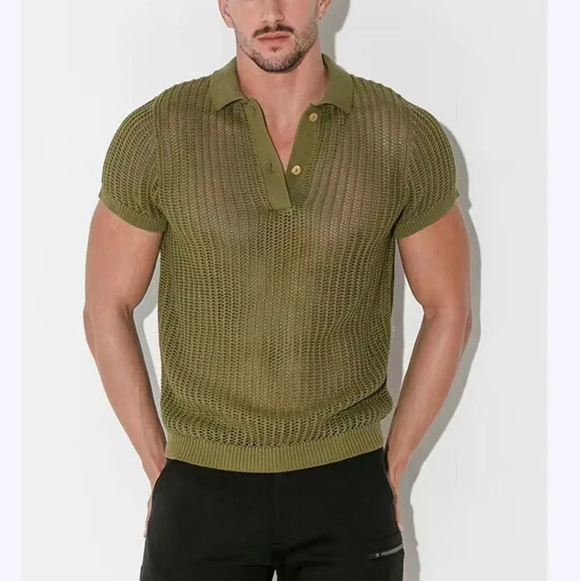ENXO – Men’s Mesh Knit Polo Shirt | Hollow Out, See-Through V-Lapel – Summer Streetwear Style