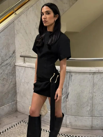 Mozision Short Sleeve Draped Sexy Mini Dress For Women Black Metal Buckle O Neck High Waist Bodycon Club Dress Vestido Clothes