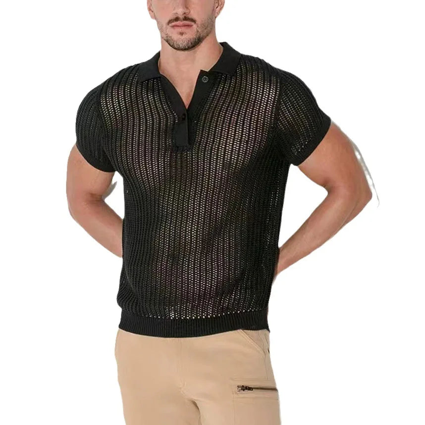 ENXO – Men’s Mesh Knit Polo Shirt | Hollow Out, See-Through V-Lapel – Summer Streetwear Style