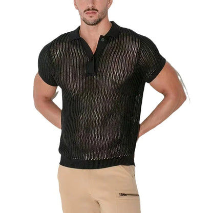 ENXO – Men’s Mesh Knit Polo Shirt | Hollow Out, See-Through V-Lapel – Summer Streetwear Style