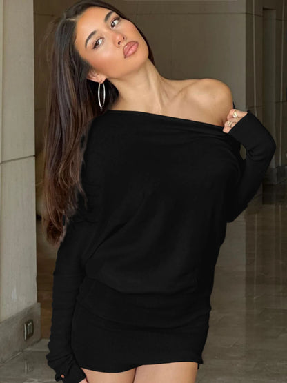 Dulzura Sexy Long Sleeve Mini Dress Oblique Shoulder Solid Simple Dresses