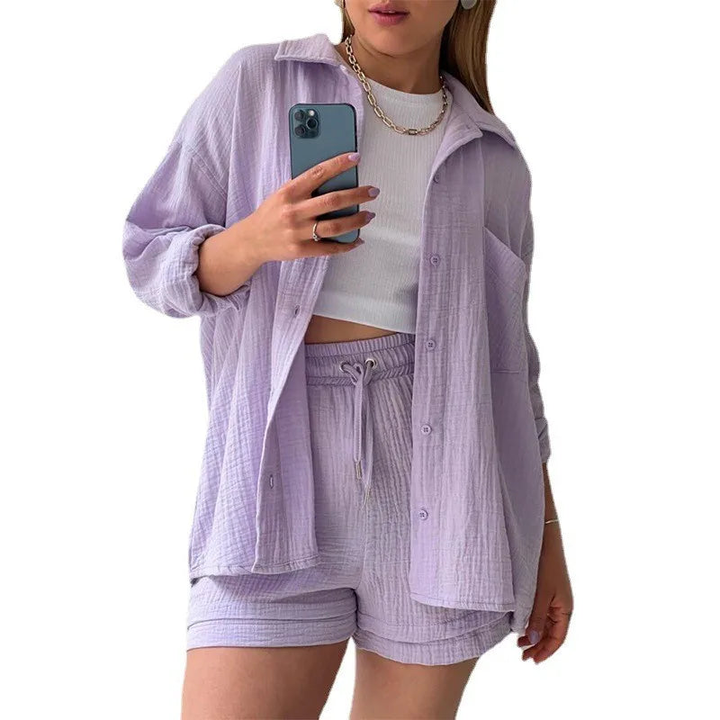 ENXO – Women’s 2-Piece Muslin Short Set | Solid Color, Button-Up Lapel – Summer 2024 Outfit