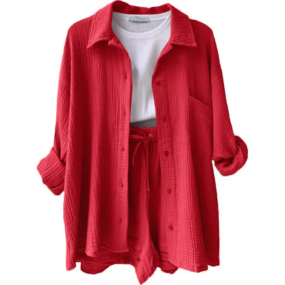 ENXO – Women’s 2-Piece Muslin Short Set | Solid Color, Button-Up Lapel – Summer 2024 Outfit