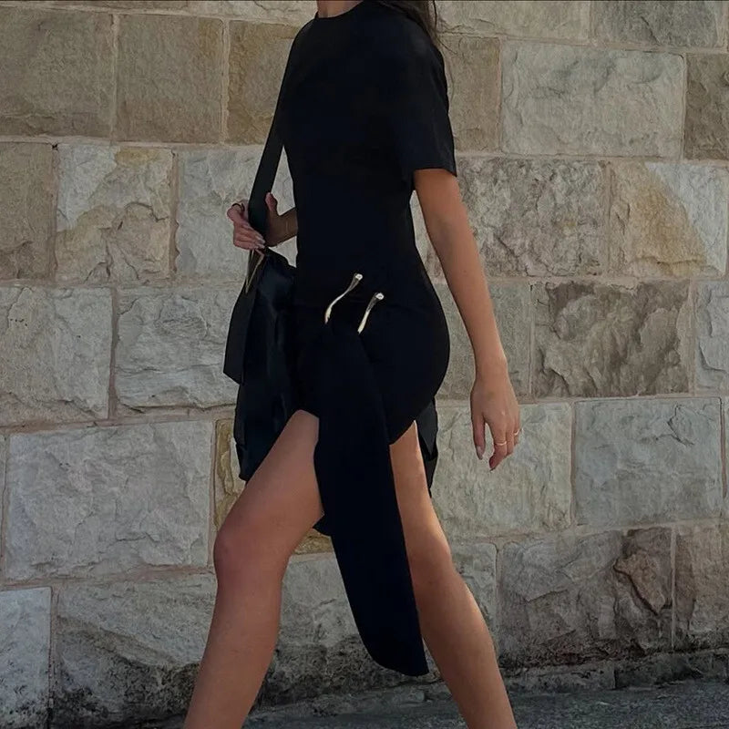 Mozision Short Sleeve Draped Sexy Mini Dress For Women Black Metal Buckle O Neck High Waist Bodycon Club Dress Vestido Clothes