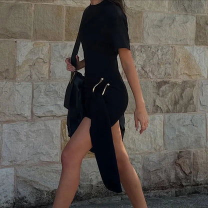 Mozision Short Sleeve Draped Sexy Mini Dress For Women Black Metal Buckle O Neck High Waist Bodycon Club Dress Vestido Clothes
