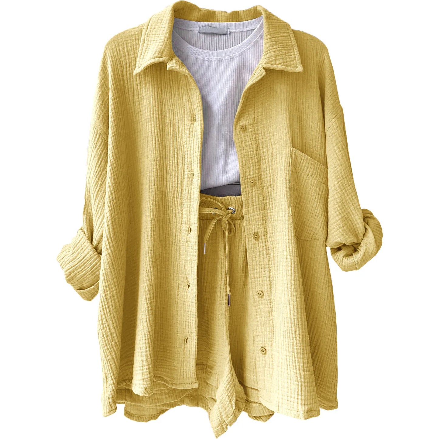 ENXO – Women’s 2-Piece Muslin Short Set | Solid Color, Button-Up Lapel – Summer 2024 Outfit