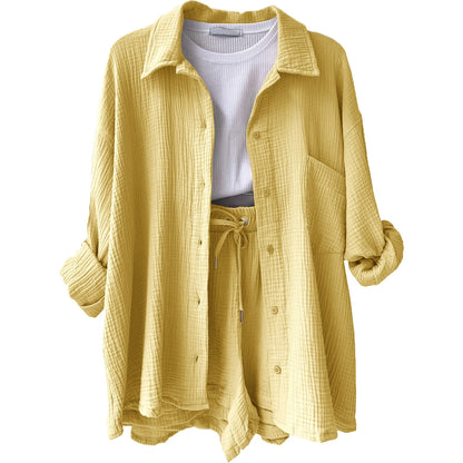 ENXO – Women’s 2-Piece Muslin Short Set | Solid Color, Button-Up Lapel – Summer 2024 Outfit