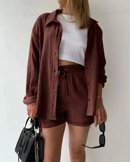 ENXO – Women’s 2-Piece Muslin Short Set | Solid Color, Button-Up Lapel – Summer 2024 Outfit