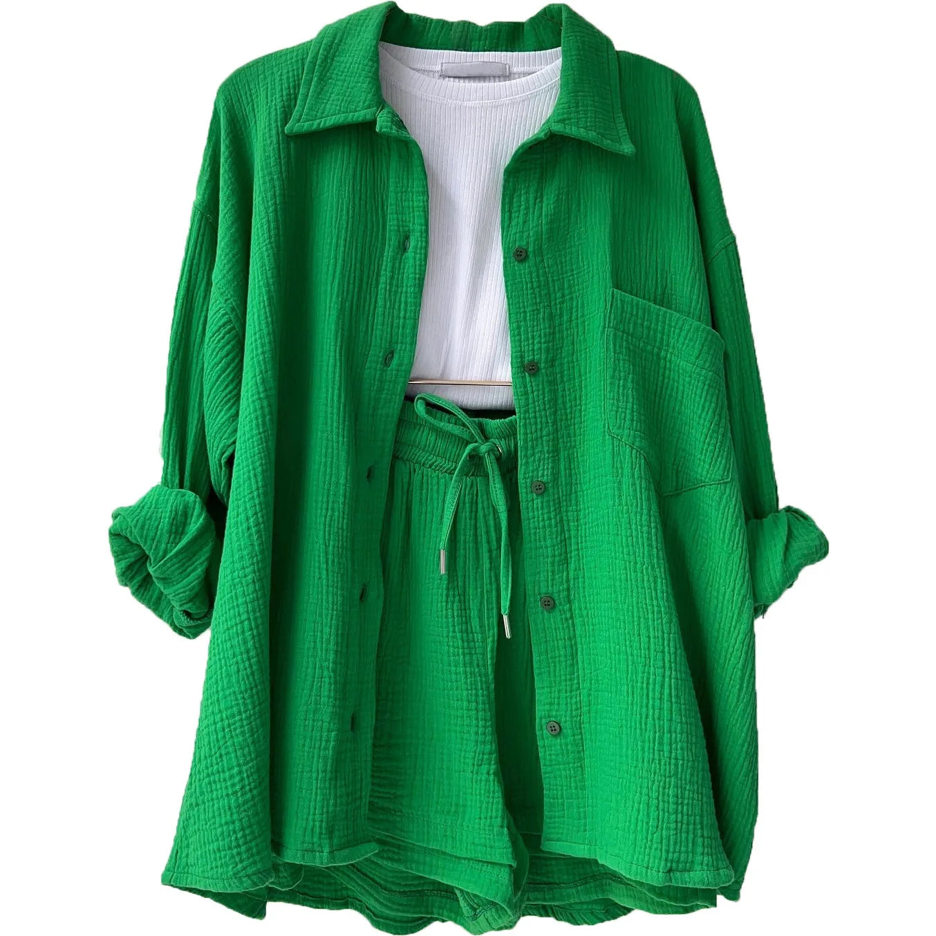 ENXO – Women’s 2-Piece Muslin Short Set | Solid Color, Button-Up Lapel – Summer 2024 Outfit