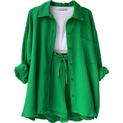 ENXO – Women’s 2-Piece Muslin Short Set | Solid Color, Button-Up Lapel – Summer 2024 Outfit