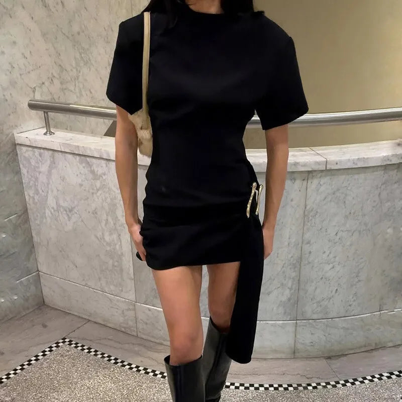Mozision Short Sleeve Draped Sexy Mini Dress For Women Black Metal Buckle O Neck High Waist Bodycon Club Dress Vestido Clothes