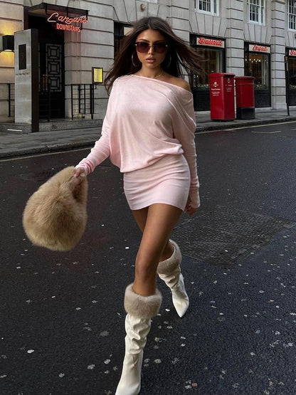 Dulzura Sexy Long Sleeve Mini Dress Oblique Shoulder Solid Simple Dresses