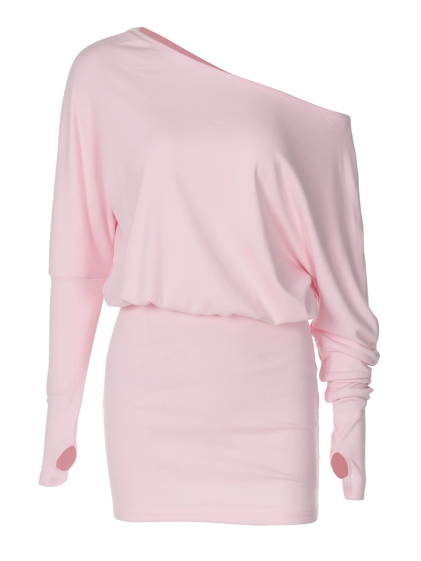 Dulzura Sexy Long Sleeve Mini Dress Oblique Shoulder Solid Simple Dresses