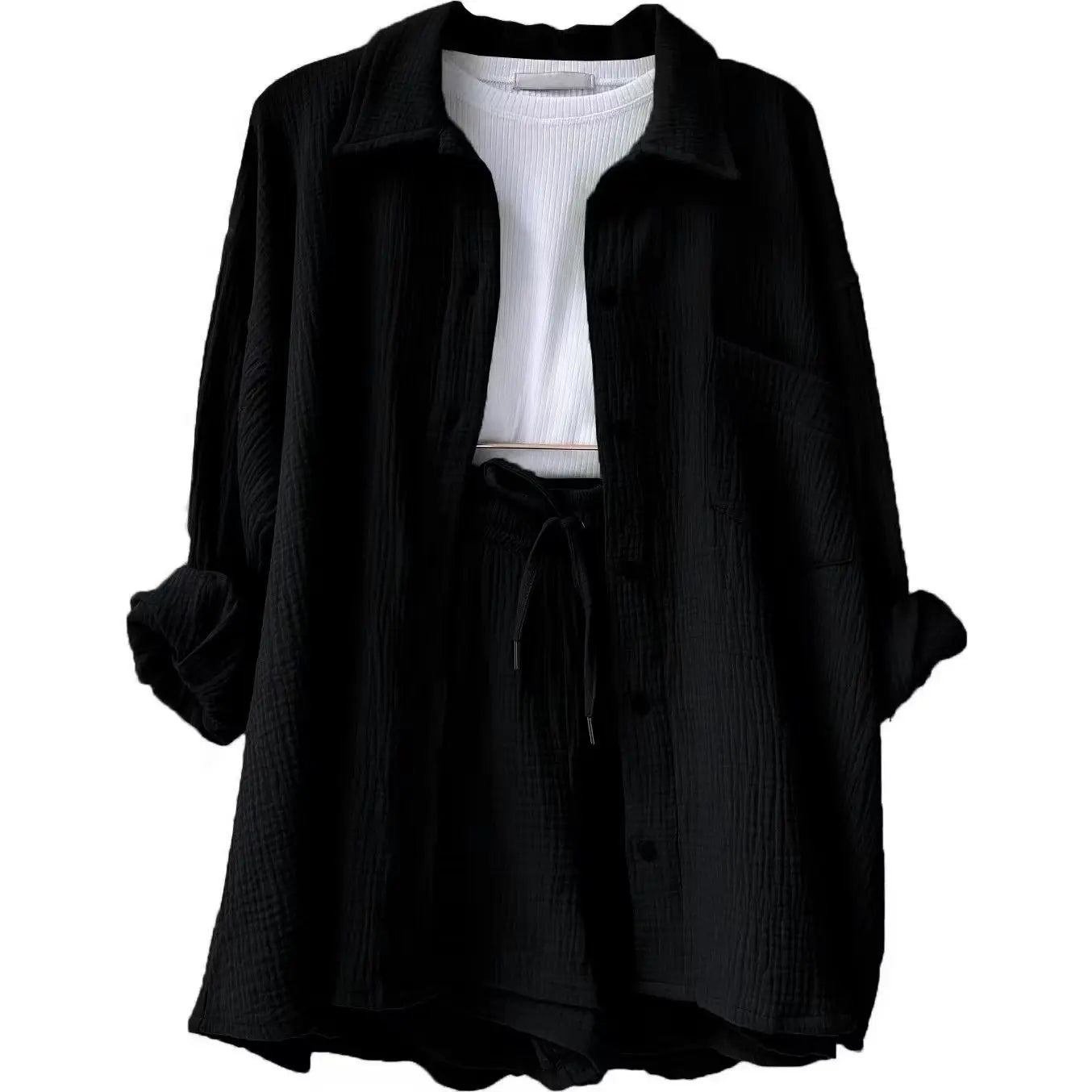 ENXO – Women’s 2-Piece Muslin Short Set | Solid Color, Button-Up Lapel – Summer 2024 Outfit