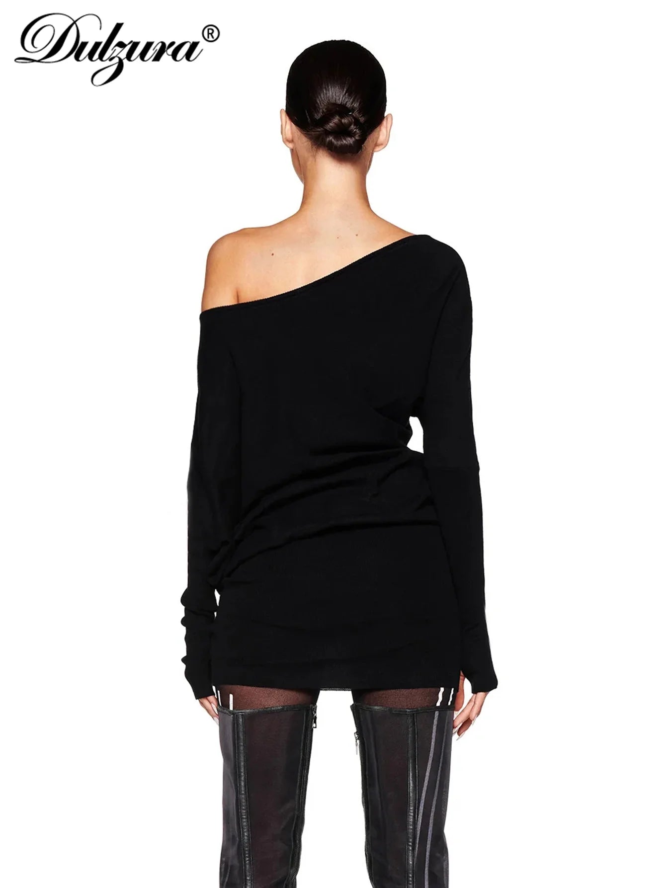 Dulzura Sexy Long Sleeve Mini Dress Oblique Shoulder Solid Simple Dresses