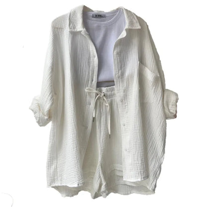 ENXO – Women’s 2-Piece Muslin Short Set | Solid Color, Button-Up Lapel – Summer 2024 Outfit