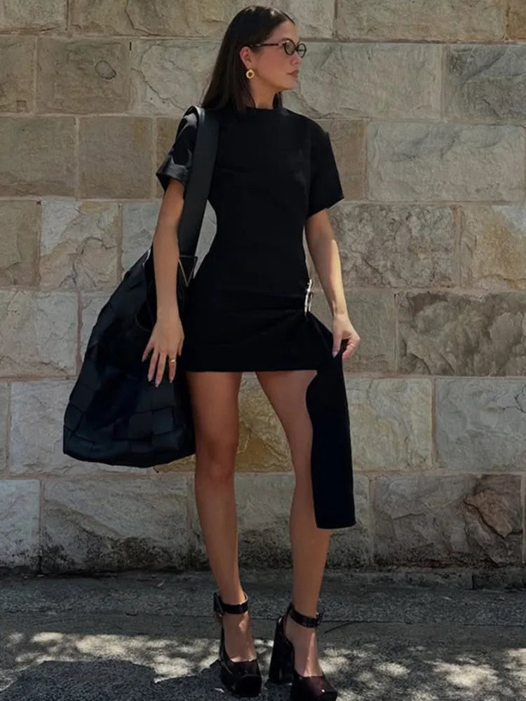 Mozision Short Sleeve Draped Sexy Mini Dress For Women Black Metal Buckle O Neck High Waist Bodycon Club Dress Vestido Clothes