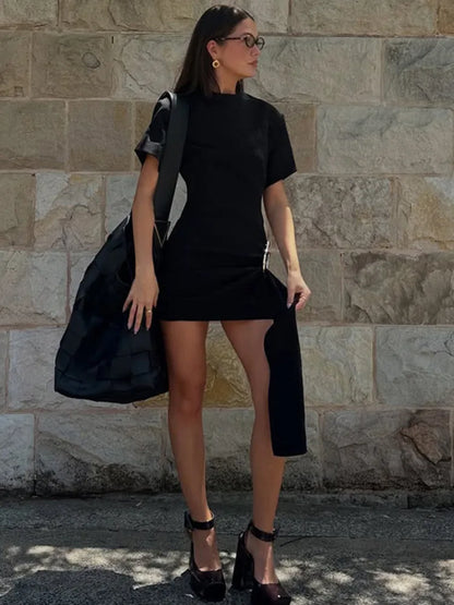 Mozision Short Sleeve Draped Sexy Mini Dress For Women Black Metal Buckle O Neck High Waist Bodycon Club Dress Vestido Clothes