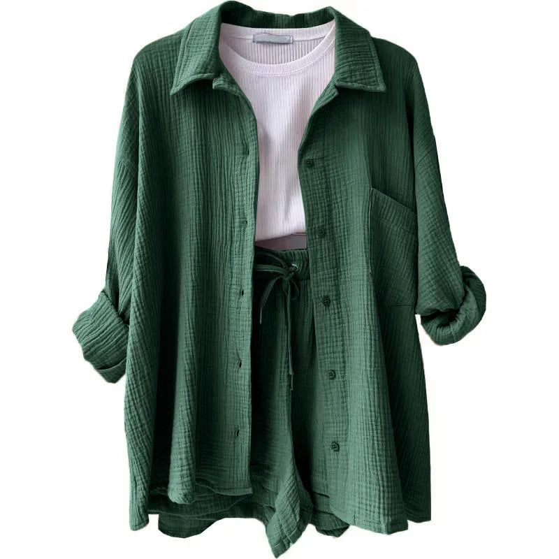 ENXO – Women’s 2-Piece Muslin Short Set | Solid Color, Button-Up Lapel – Summer 2024 Outfit