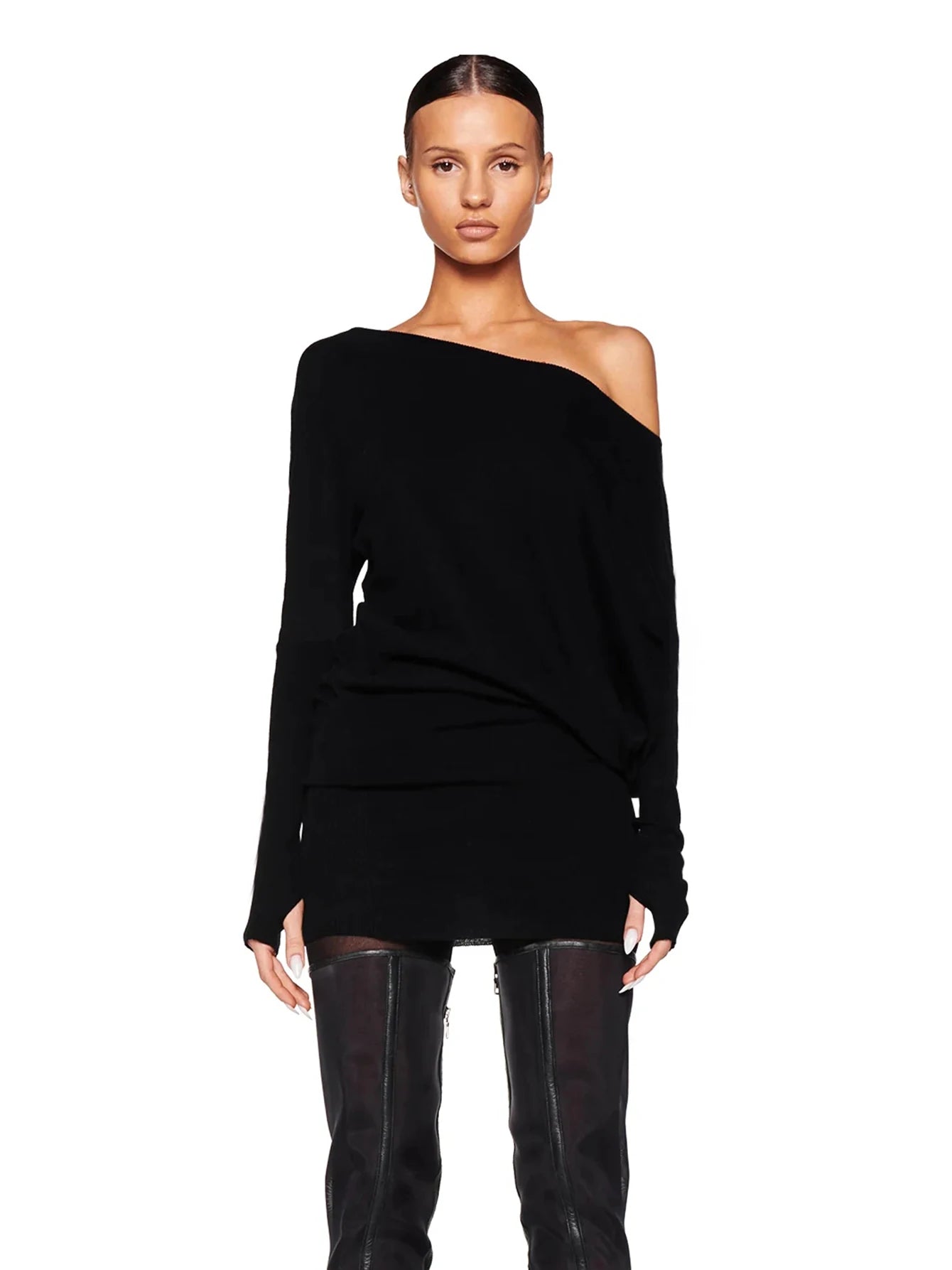 Dulzura Sexy Long Sleeve Mini Dress Oblique Shoulder Solid Simple Dresses