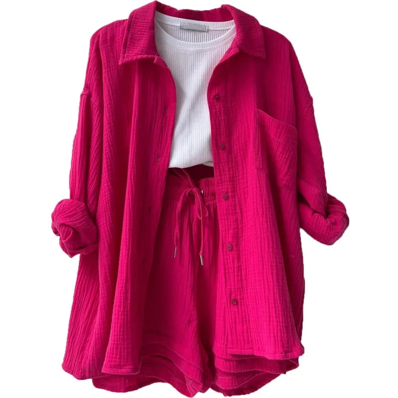 ENXO – Women’s 2-Piece Muslin Short Set | Solid Color, Button-Up Lapel – Summer 2024 Outfit
