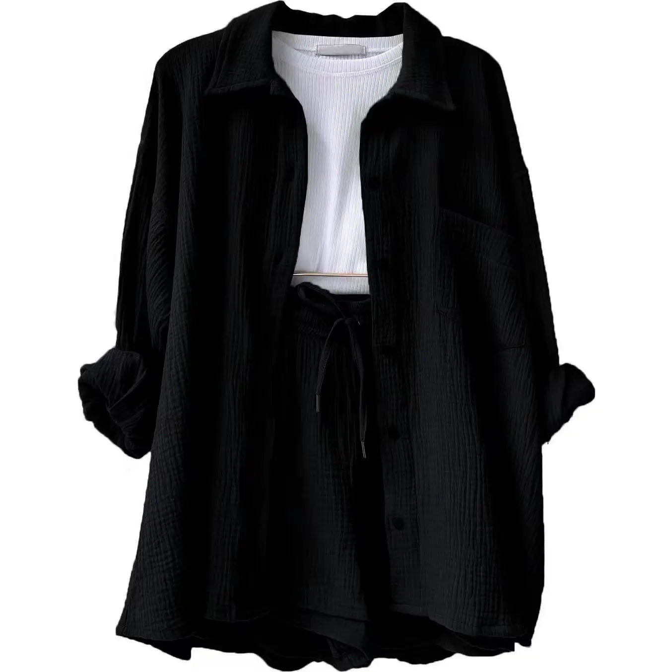 ENXO – Women’s 2-Piece Muslin Short Set | Solid Color, Button-Up Lapel – Summer 2024 Outfit