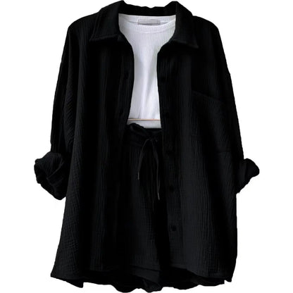 ENXO – Women’s 2-Piece Muslin Short Set | Solid Color, Button-Up Lapel – Summer 2024 Outfit